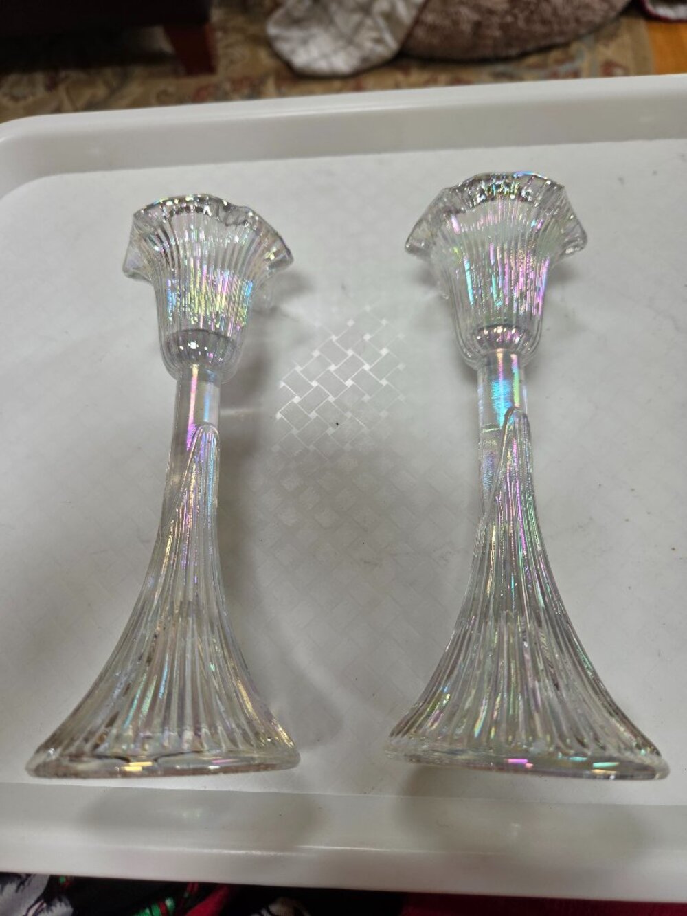 translucent iridescent fluted glass vintage candle holders